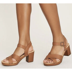 LUCKY BRAND Haidlee Wood Leather Strappy Block Heel Sandals Studded Latte Sz 7‎